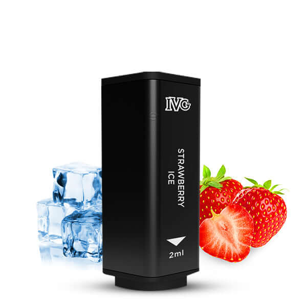IVG 2400 Prefilled Pod Strawberry Ice flavor with ice cubes and fresh strawberries.