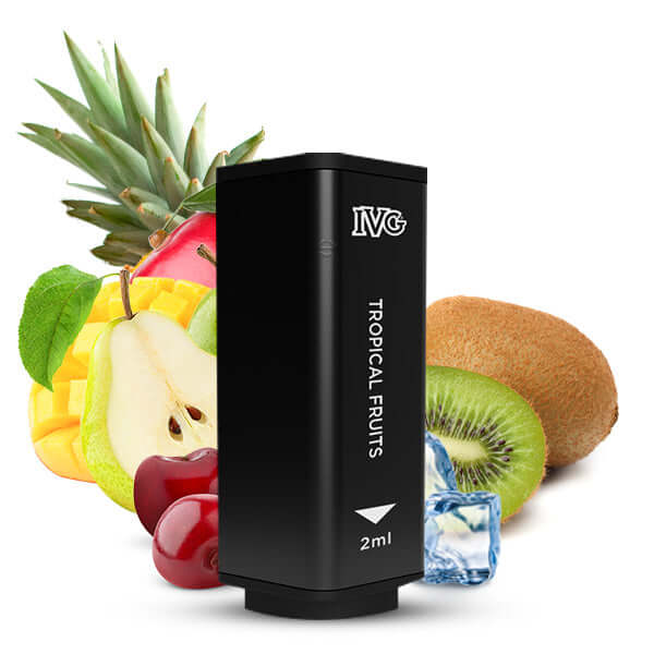 IVG 2400 Prefilled Pods with tropical fruits background, delivering flavorful vaping experience.