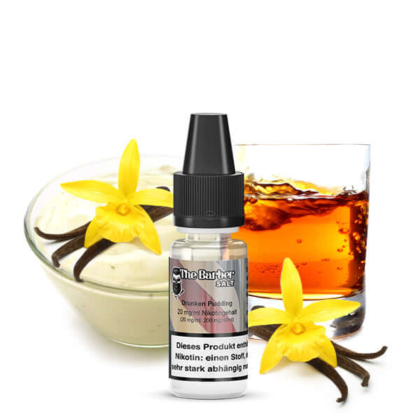 THE BARBER Drunken Pudding 10 ml Nikotinsalz Liquid with vanilla flowers and dessert background