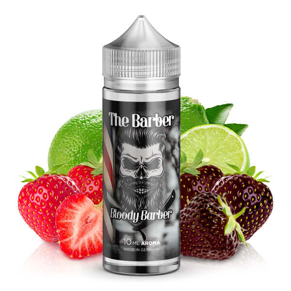 The Barber Bloody Barber aroma bottle with strawberries, blackberries, and limes in the background.