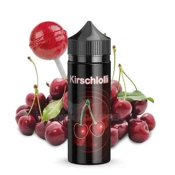 Kirschlolli Longfill Aroma 10ml bottle surrounded by fresh cherries and a red lollipop, ideal for E-cigarettes.