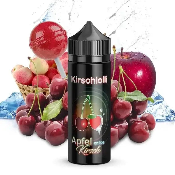 Kirschlolli Apfel Kirsch on Ice 10ml Aroma bottle surrounded by cherries, apples, and ice, showcasing fruity freshness.