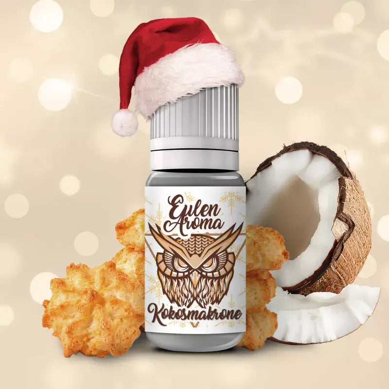 OWL SALT - Kokosmakrone E-Liquid in festive packaging with coconut cookie elements for a holiday vaping experience.