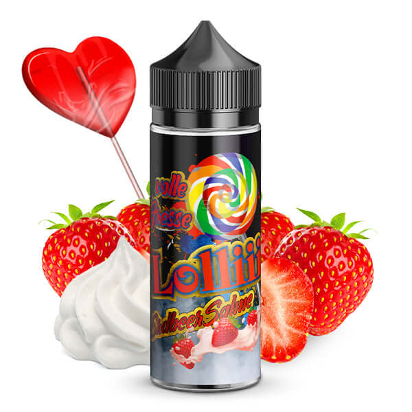 Lädla Juice Erdbeersahne Aroma 10ml with strawberries, cream, and a lollipop, highlighting sweet summer flavors.