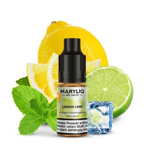 MARYLIQ Lemon Lime Nikotinsalz E-Liquid with lemon, lime, mint, and ice cubes for a refreshing vape experience.