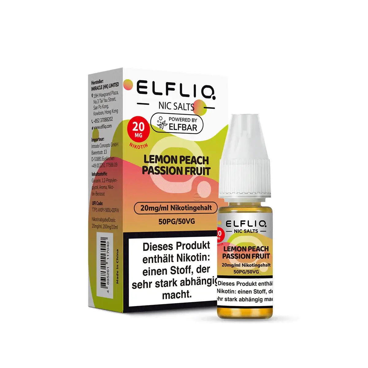 ELFLIQ Lemon Peach Passion Fruit Nikotinsalz bottle with vibrant packaging and flavor details.