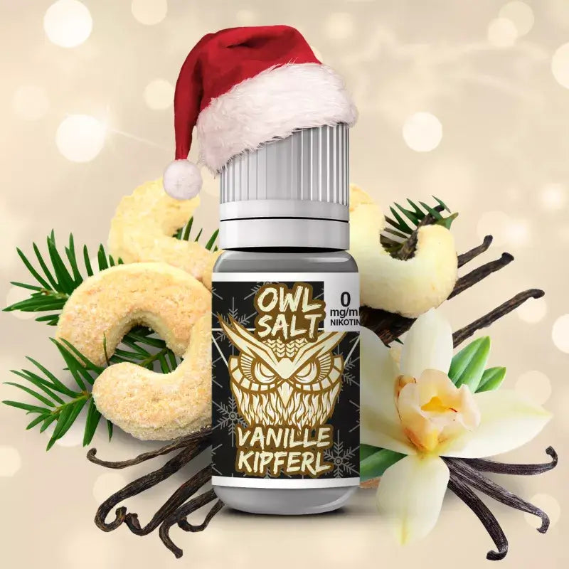 OWL SALT Vanille Kipferl E-Liquid with Christmas hat and festive cookies, capturing holiday flavors.