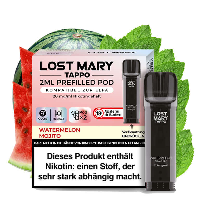 ELF Bar Lost Mary Tappo Prefilled Pods with Watermelon Mojito flavor, 20mg/ml nicotine, 2ml capacity.