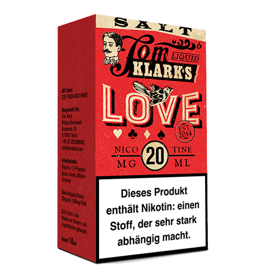 Tom Klark's Love Nikotinsalz Liquid 20mg packaging, featuring vibrant design and natural flavor description.