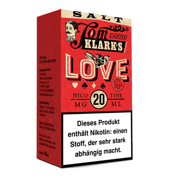 Tom Klark's Love Nikotinsalz Liquid 20mg packaging, featuring vibrant design and natural flavor description.