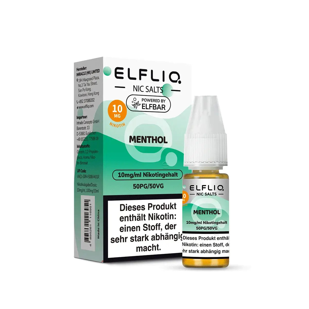 ELFLIQ Menthol Nikotinsalz Liquid 10mg, 50PG/50VG for fresh minty vaping experience.