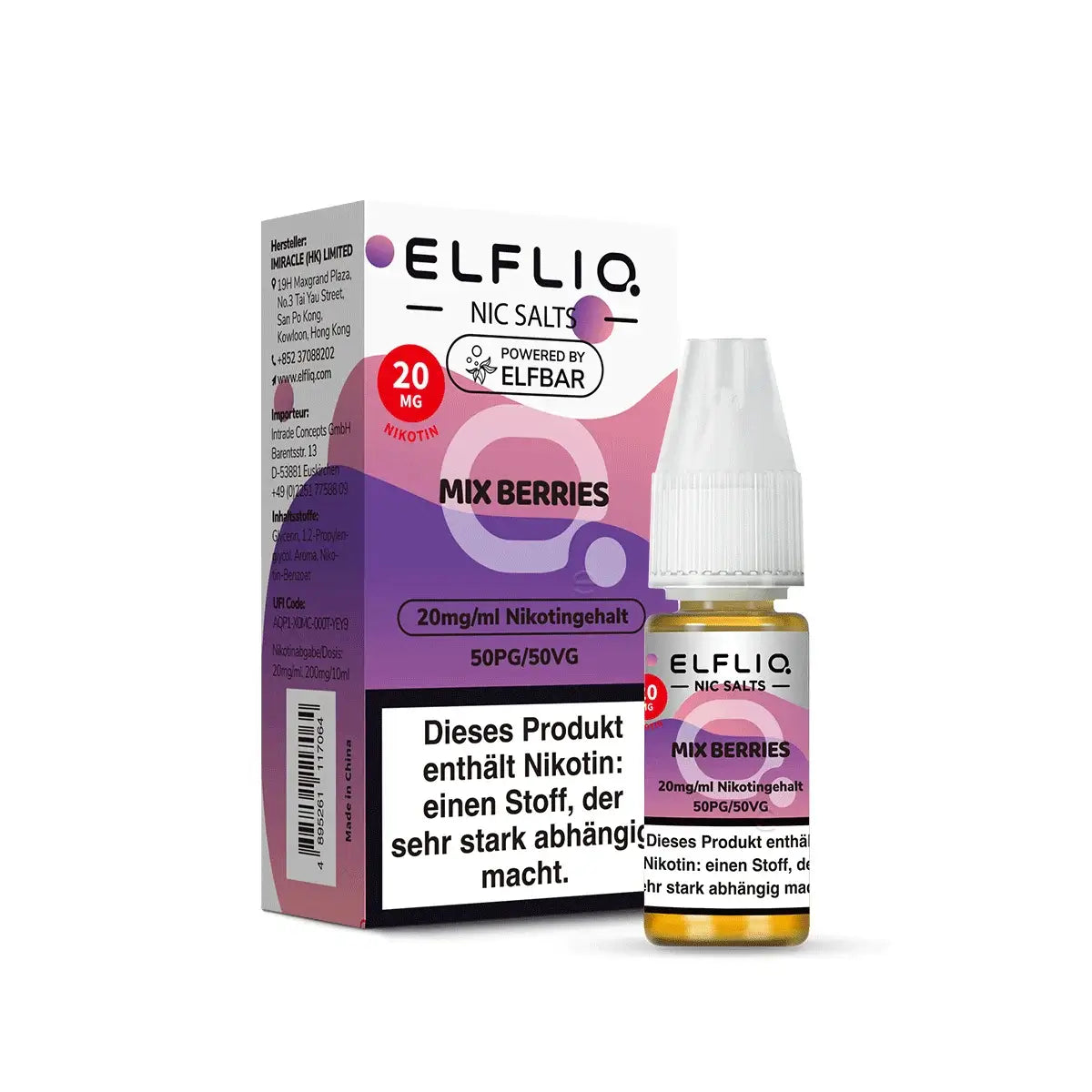 ELFLIQ Mix Berries Nikotinsalz Liquid in a 20mg bottle with packaging, featuring vibrant berry colors.