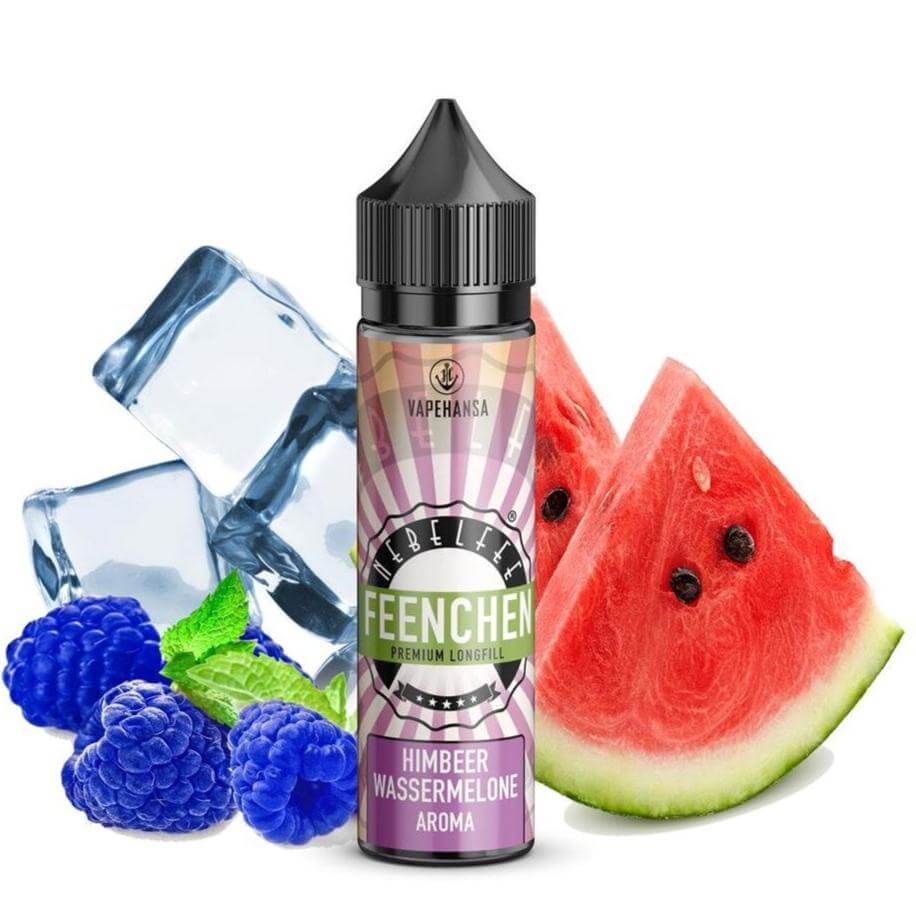 Nebelfee Feenchen Himbeer Wassermelone Aroma mit Himbeeren, Wassermelone und Eiswürfeln.
