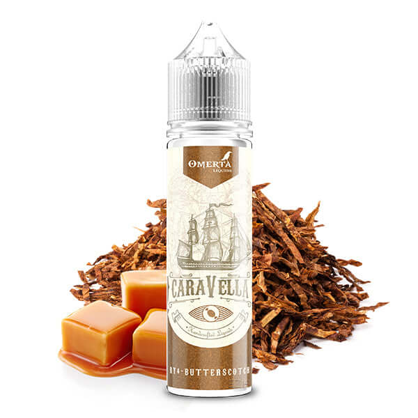 Omerta Liquids Caravella RY4 Butterscotch Aroma bottle with tobacco and caramel backdrop