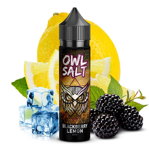 OWL SALT Blackberry Lemon Aroma 10ml bottle with lemon, blackberries, and ice cubes in background.