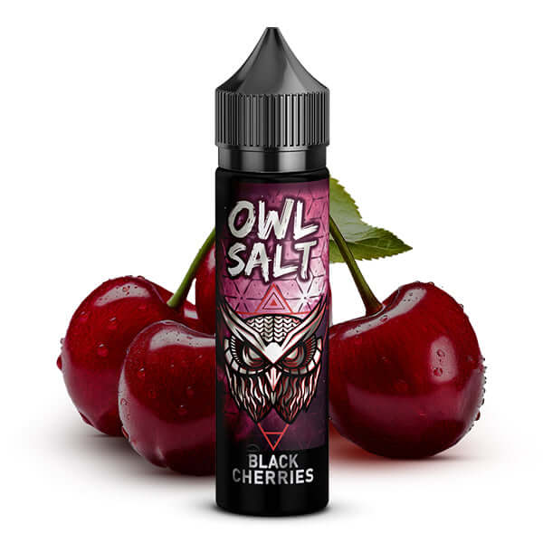 OWL SALT Black Cherries 10ml Longfill Aroma with juicy cherries in the background, perfect for summer vaping.