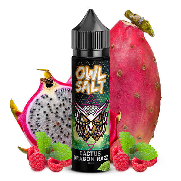 OWL SALT Cactus Dragon Razz Aroma 10ml bottle with dragon fruit, raspberries, and mint leaves.