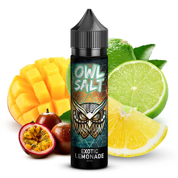 OWL SALT Exotic Lemonade Aroma 10ml bottle with mango, lime, and lemon slices in the background.