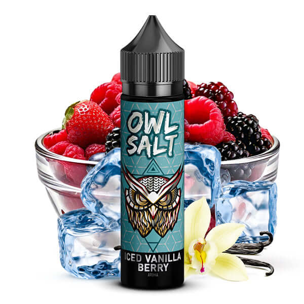 OWL SALT Iced Vanilla Berry 10ml e-liquid bottle with mixed berries and ice cubes, enhancing flavor and refreshment.