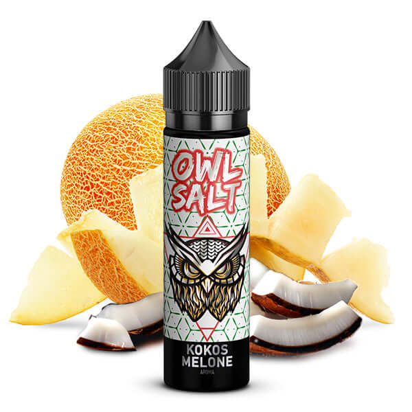OWL SALT Coco Melon Aroma 10ml bottle with coconut and melon backdrop for intense vaping experience.
