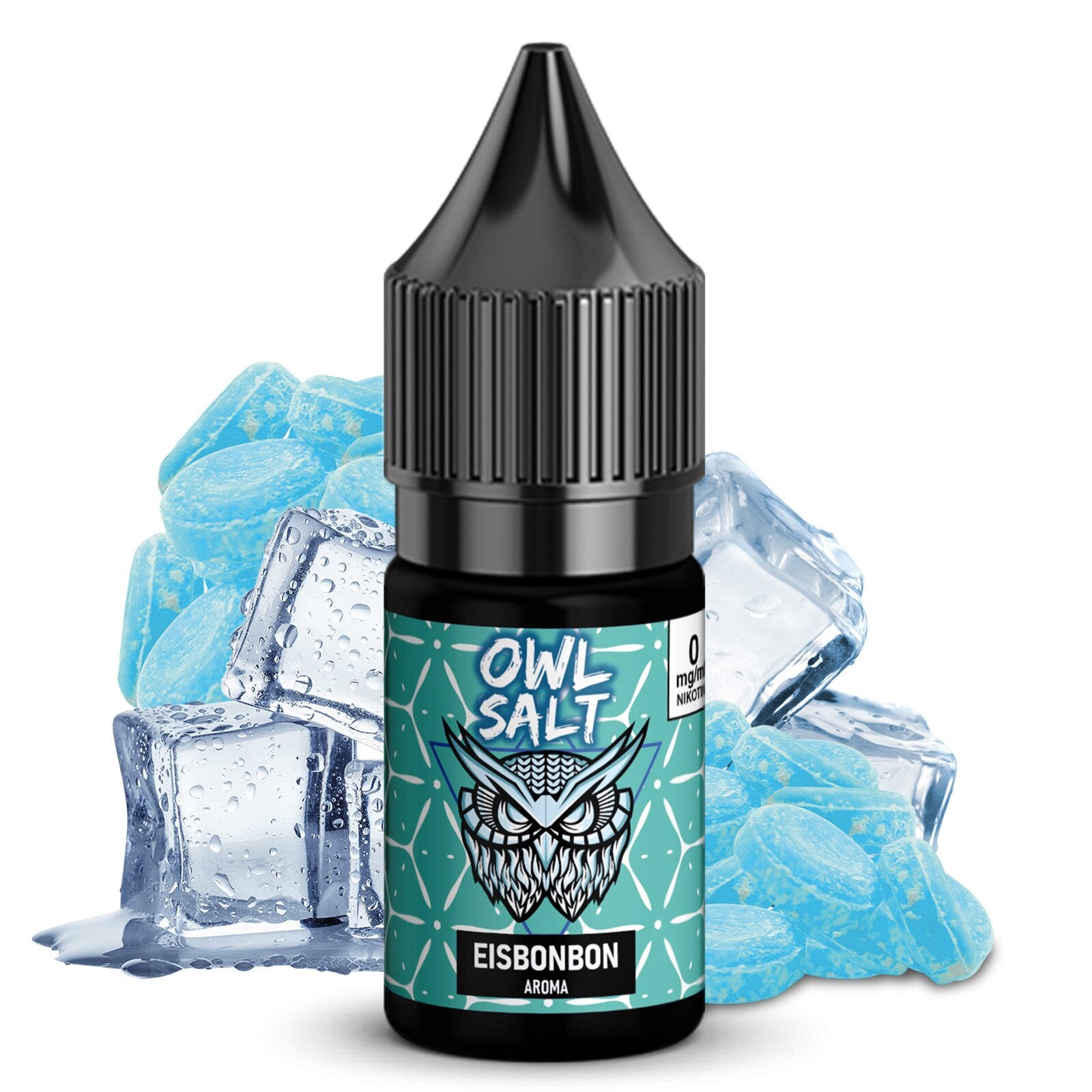 OWL Salt Eisbonbon Liquid 10 ml bottle with ice cubes for a refreshing vaping experience.