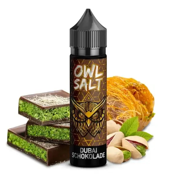 OWL Salt Dubai Schokolade 10ml bottle with chocolate, pistachios, and pastry on display.