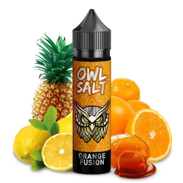 OWL Salt Orange Fusion 10ml bottle with pineapple, oranges, and lemon slices.