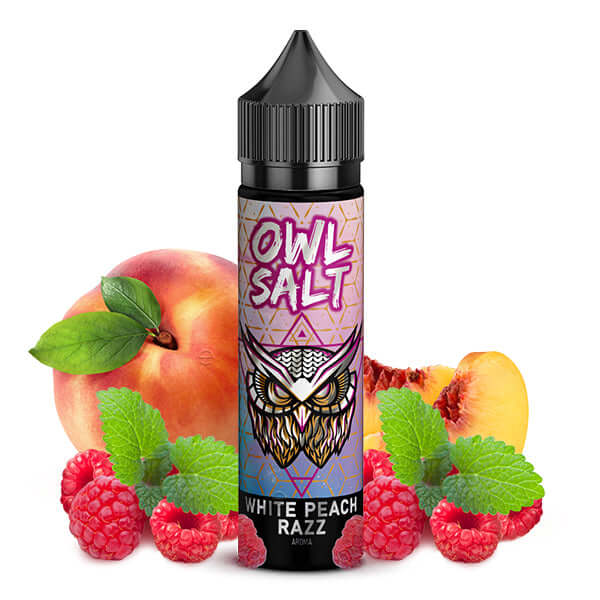 OWL SALT White Peach Razz Aroma 10ml bottle with white peach, raspberries, and mint leaves in the background.
