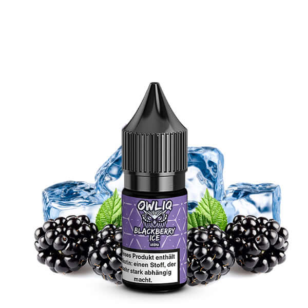 OWLIQ Blackberry Ice Nikotinsalz Liquid with blackberries and ice cubes, offering a refreshing vaping experience.
