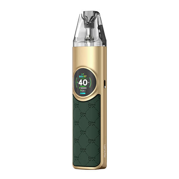 OXVA NeXlim Pod Kit in gold and green, compact pod system with 1500mAh battery and 40W power.