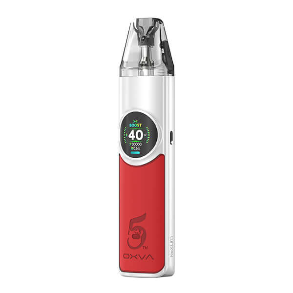 OXVA NeXlim Pod Kit in red and silver, compact design with digital display, 40W power, suitable for MTL and RDL vaping.
