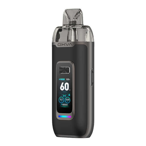 OXVA VPRIME Pod Kit in black with 3D display, offering 2600 mAh battery and adjustable wattage.