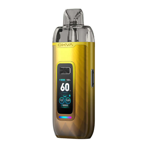OXVA VPRIME Pod Kit in golden finish with 3D color display and ergonomic design.