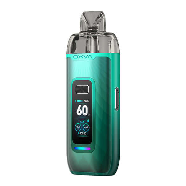 OXVA VPRIME Pod Kit in turquoise color with 3D display, 2600 mAh battery and adjustable wattage.