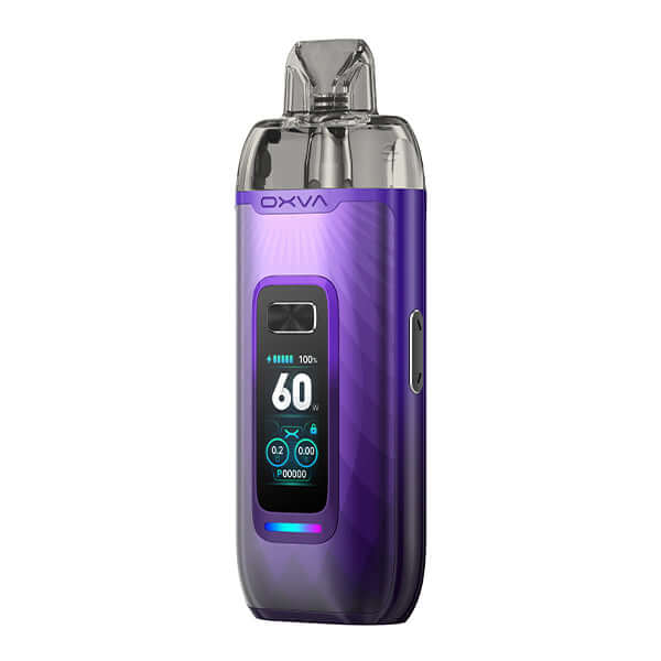 OXVA VPRIME Pod Kit in purple with 3D color display and ergonomic design, showcasing modern vaping technology.
