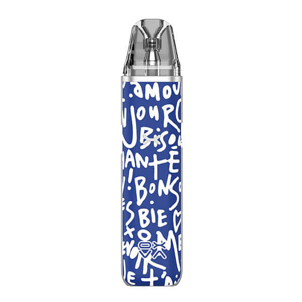 OXVA Xlim Go Pod Kit in blue with white graffiti design, compact and stylish vaping device.