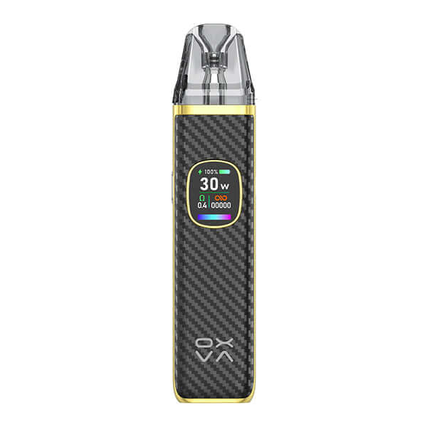 Oxva Xlim Pro 2 Pod Kit in sleek design with carbon fiber finish and vibrant display, showcasing wattage and settings.
