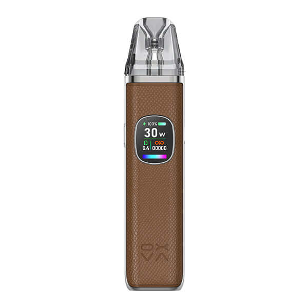 Oxva Xlim Pro 2 Pod system in sleek brown design with digital display and adjustable wattage settings.