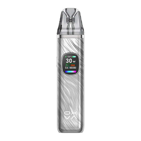 Oxva Xlim Pro 2 Pod System in sleek silver design with display showing wattage and settings.