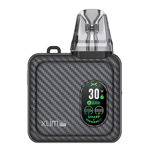 Oxva Xlim SQ Pro Kit in sleek carbon design, featuring modern display and compact pod system.