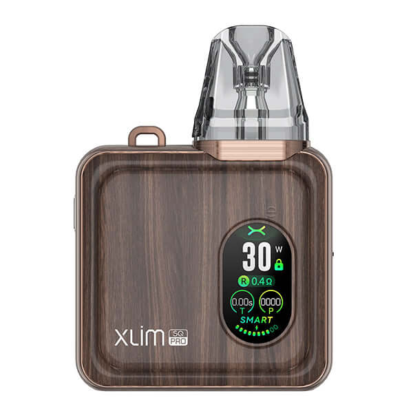 Oxva Xlim SQ Pro Kit in wood design, compact pod system with digital display, 30W power, and ergonomic design.