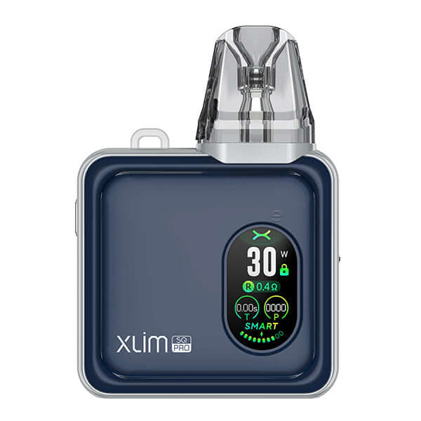 Oxva Xlim SQ Pro Kit in navy blue with digital display, compact pod system for vaping enthusiasts.