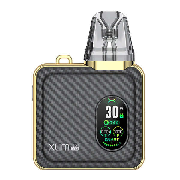 Oxva Xlim SQ Pro Kit, compact pod system in sleek square design with digital display and gold accents.