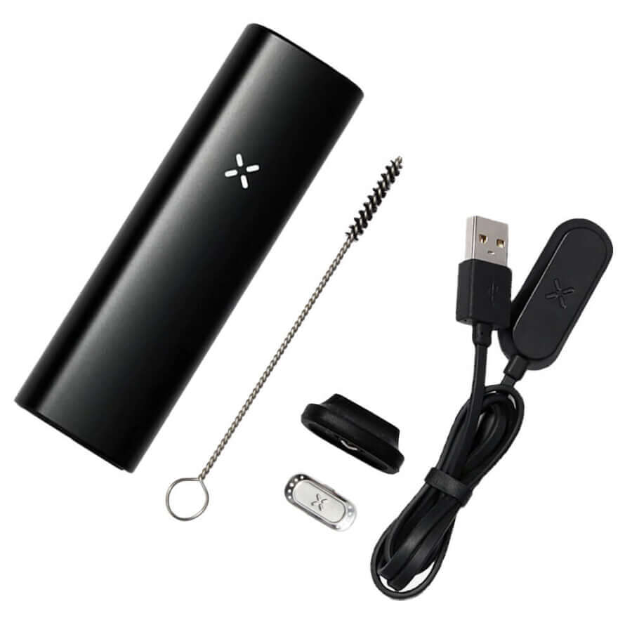 PAX Plus Onyx Starter Kit components including vaporizer, cleaning tool, and charging cable.