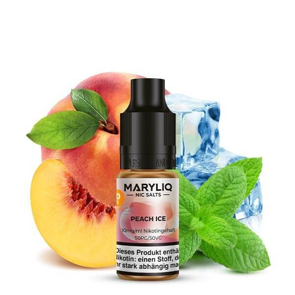 MARYLIQ Peach Ice Nikotinsalz liquid with peaches, ice, and mint for a refreshing vaping experience.
