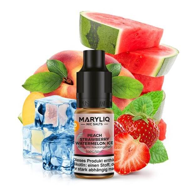 MARYLIQ Peach Strawberry Watermelon Ice Nikotinsalz Liquid with fruits and ice cubes for a refreshing vape experience.