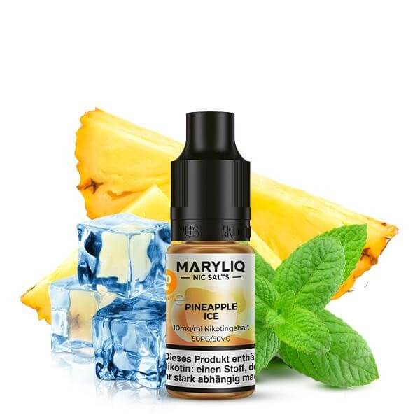 MARYLIQ Pineapple Ice Nikotinsalz bottle with pineapple, ice cubes, and mint leaves for a refreshing vape flavor.