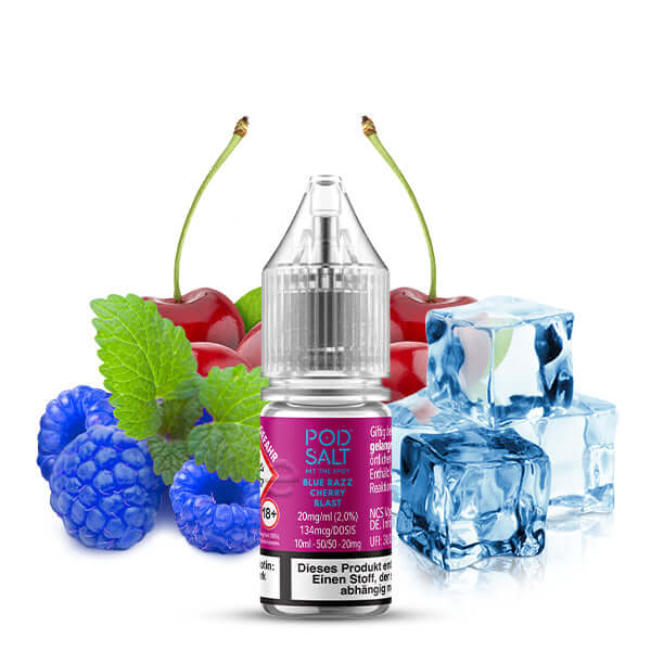 POD SALT XTRA Blue Razz Cherry Blast 10ml bottle with blueberries, cherries, mint leaves, and ice cubes.