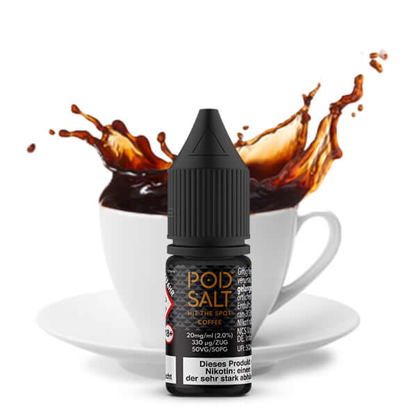 Pod Salt Core Nikotinsalz Liquid 10ml coffee flavor in front of a coffee cup with splashes.