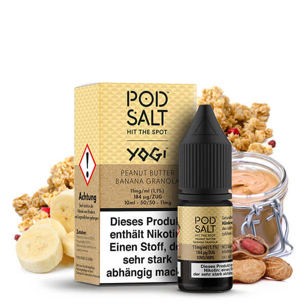 Pod Salt Fusion Peanut Butter Banana Granola Bar Nikotinsalz Liquid bottle with box and ingredients background.